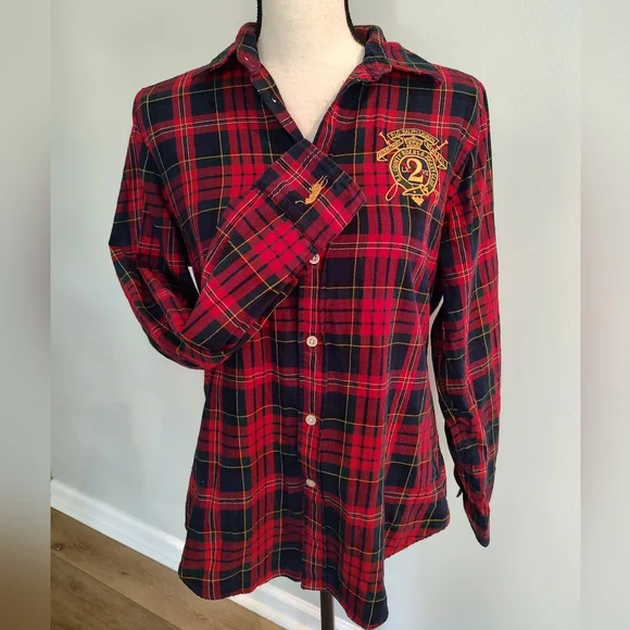 Ralph Lauren Sport Women's Tartan Plaid Preppy Wool Cotton Blend Shirt Red 14 - Picture 2 of 12